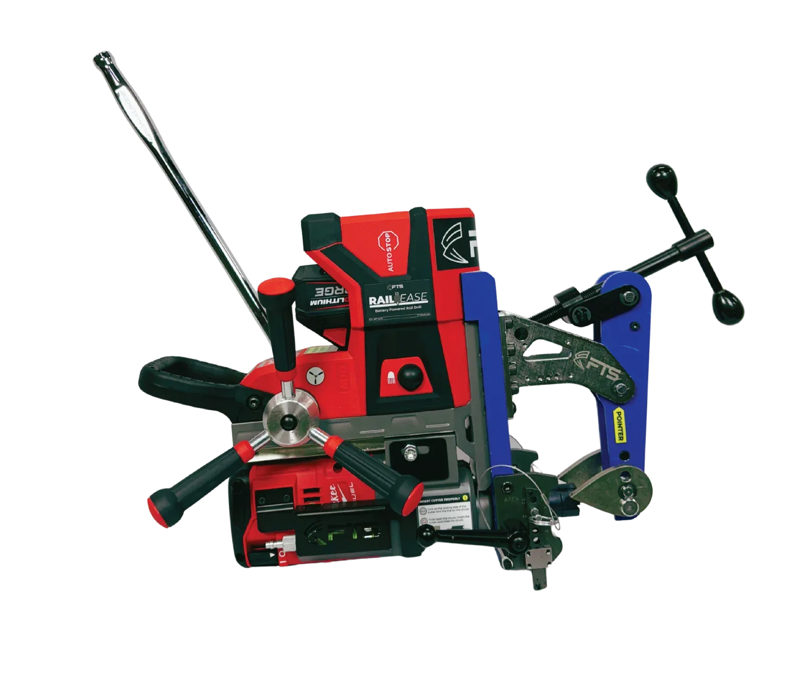 FTS RailEase battery-powered rail drill with blue rail clamp